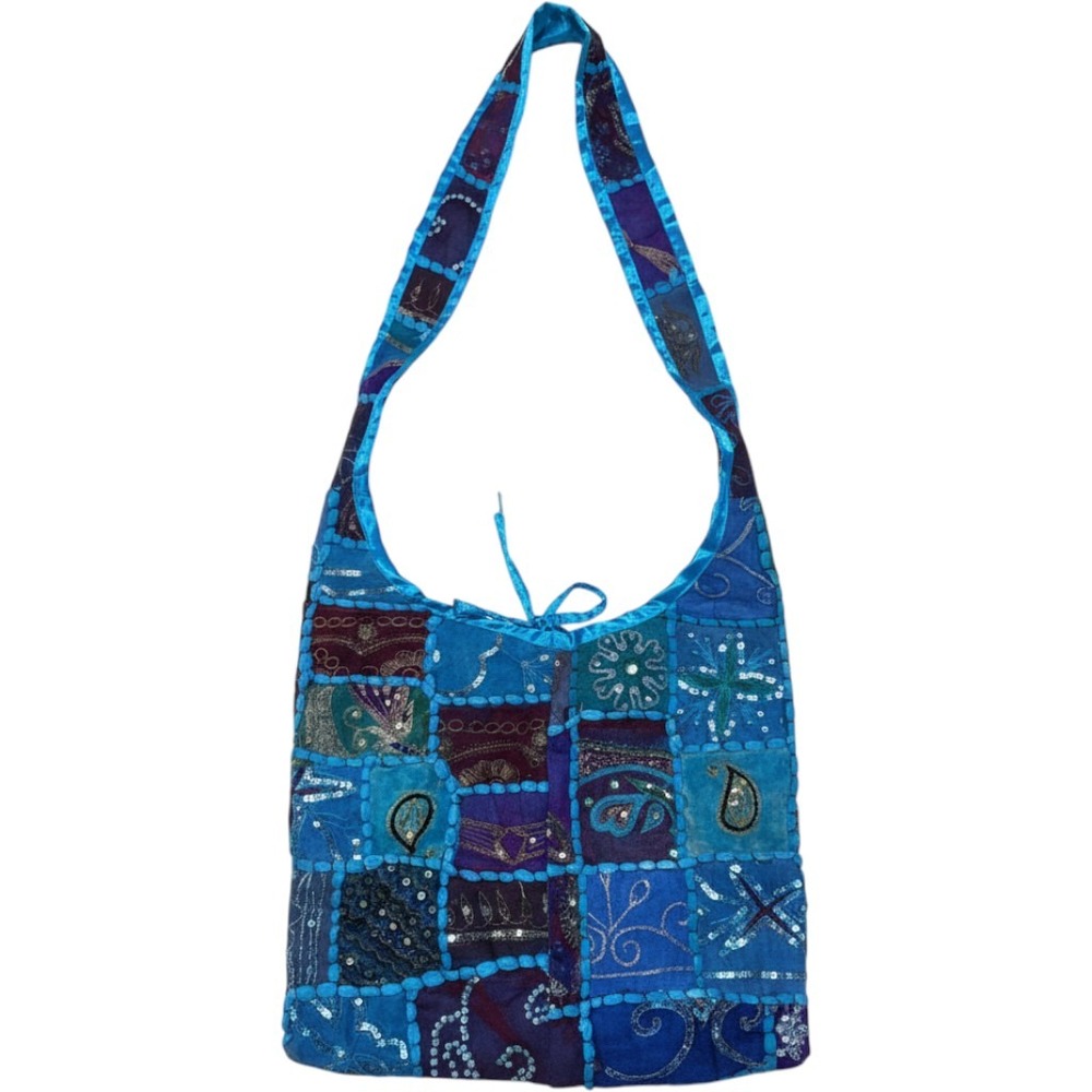 Boho Patchwork Sequin Embroidered Shoulder Bag Blue Purple Teal Hippie Tote